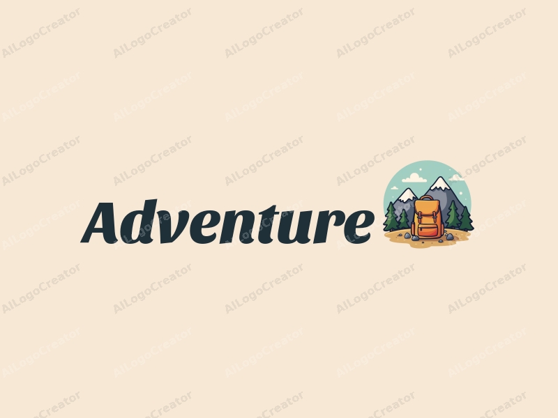 playful design features stylized mountains, a whimsical backpack, and elements of adventure and exploration combined with a clean background.