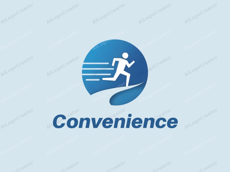 a modern badge design featuring running elements, symbolizing convenience and practicality, with a clean blue background and simple geometric shapes.