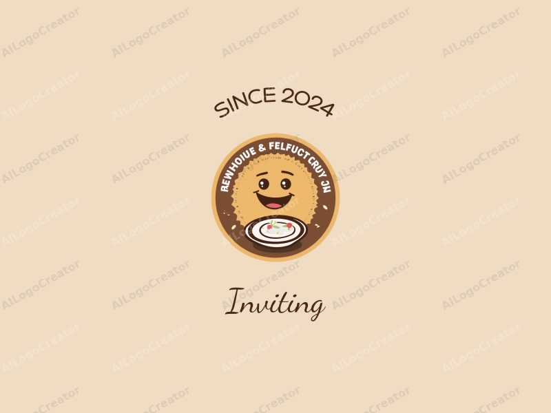 playful design features a stylized plate and a cheerful smiley face, combined with elements of invitation and welcome, set against a warm-toned background.