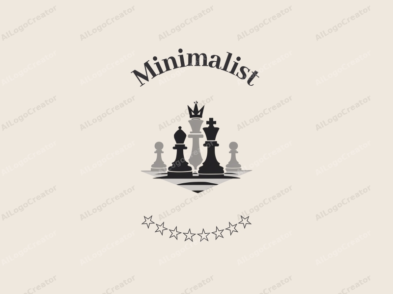 minimalist design features simple chess pieces and a stylized crown, combined with a linear design approach and a clean black and white background.