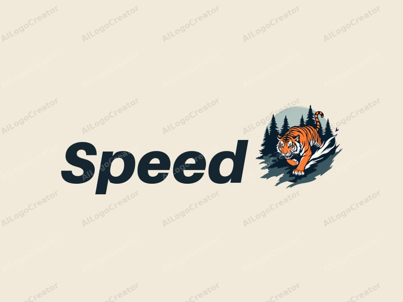 a modern design featuring a stylized fierce tiger in motion, symbolizing speed and power, set against a clean background of abstract forest elements, emphasizing a dynamic and energetic feel.