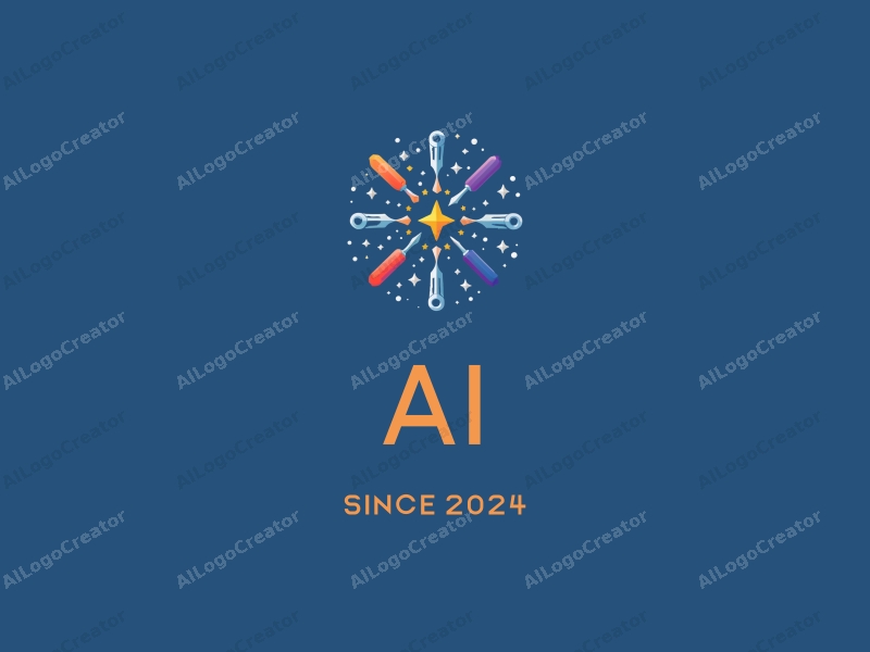 a modern design featuring elements of intelligence and algorithms intertwined with dreamy stars and forging tools, combined with a clean blue background.