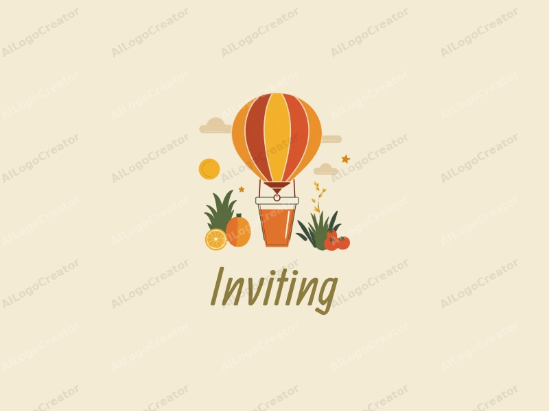 a modern design featuring a warm color palette, a stylized hot air balloon floating above a glass of juice, combined with inviting elements that evoke a sense of hospitality and travel, set against a clean background.