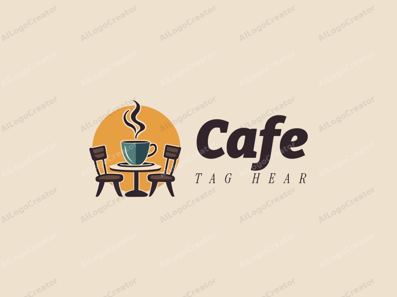 vintage design features a stylized coffee cup, retro table, and chairs, combined with a clean background.