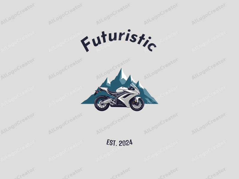 a modern design featuring a sleek motorcycle silhouette against a backdrop of stylized mountains, incorporating futuristic elements with a clean and simple composition in silver and blue tones.