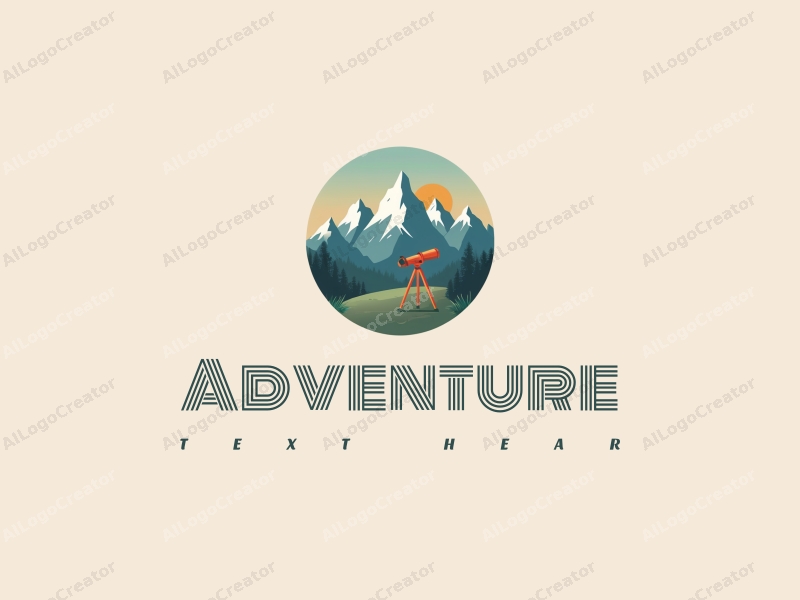 playful design features stylized mountain peaks, a whimsical telescope, and adventure elements combined with a clean background.