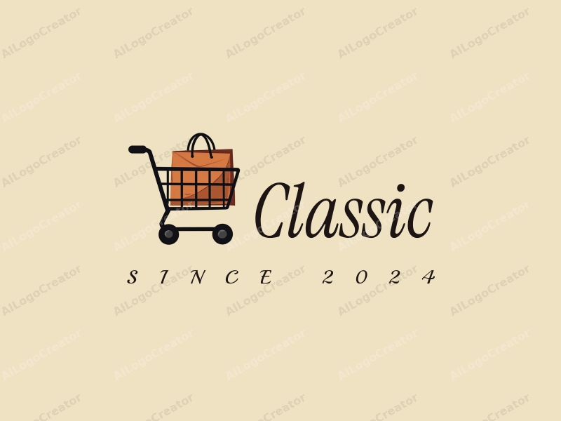 vintage design features a classic shopping cart and a traditional shopping bag, combined with a harmonious layout and a clean background.