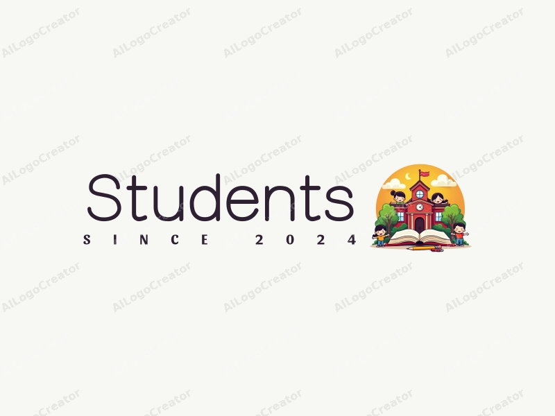 playful design features cheerful students, a stylized school building, open books, and pencils arranged harmoniously with a vibrant background.