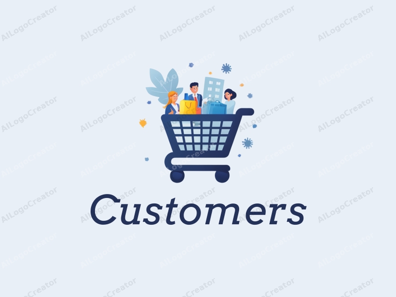 a modern design featuring a stylized shopping cart filled with products, accompanied by abstract representations of customers and shoppers, utilizing a clean and simple composition with a blue color palette.