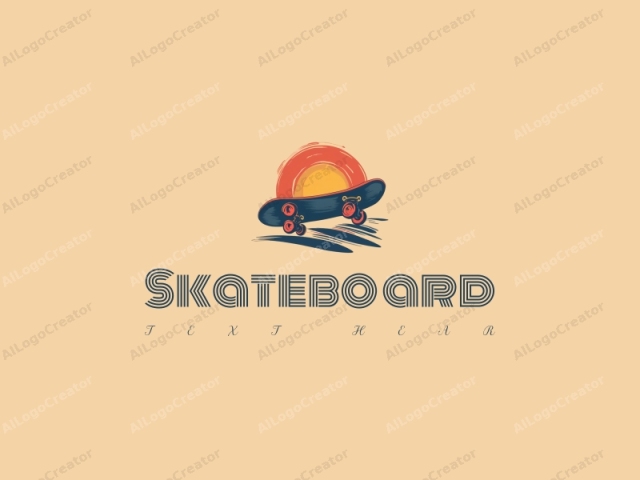 fröhliches Design mit einer lebhaften Skateboard-Silhouette unter einer hellen Sonne, kombiniert mit einem sauberen Hintergrund und einfachen Formen.