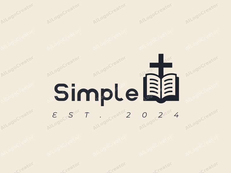 minimalist design features a stylized book and a cross, combined with a clean background and simple lines.