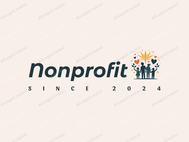 a modern minimalist design featuring stylized figures of volunteers helping others, symbols of charity, and elements representing light and hope, combined with a clean background.