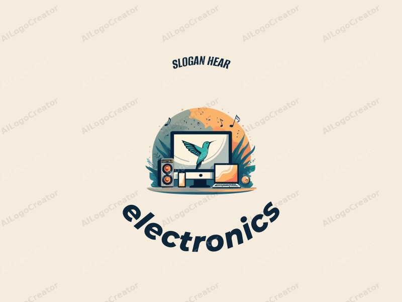 a modern design featuring sleek electronic devices and a stylized computer, combined with a hummingbird and musical notes, all presented in a clean and harmonious layout.