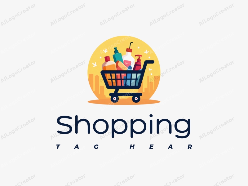 a modern design featuring a colorful shopping cart filled with various products, set against a stylized mall background, emphasizing simplicity and harmony in composition.