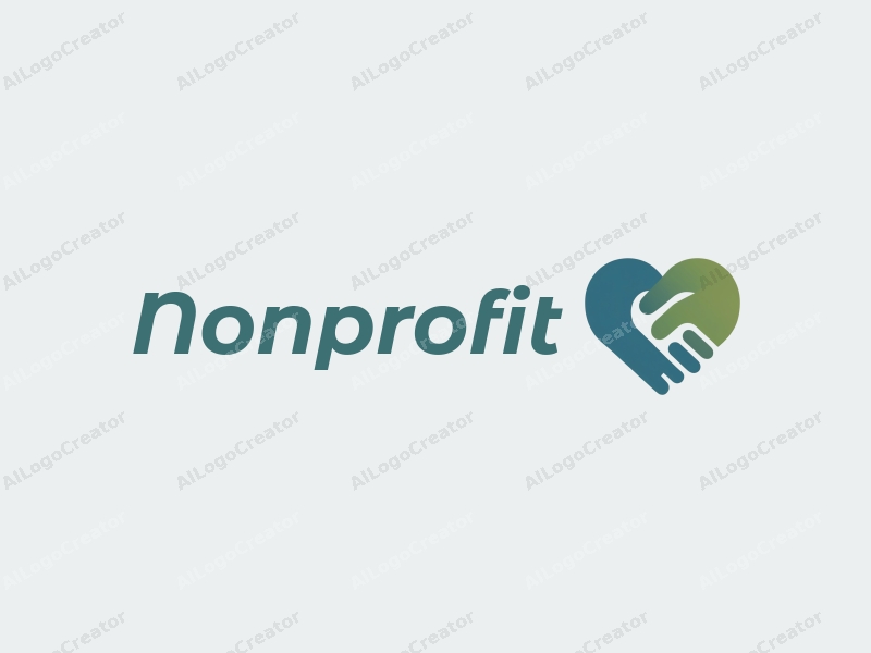 modern design features a stylized handshake and heart shape, representing charity and volunteerism, combined with a clean background in blue and green tones.