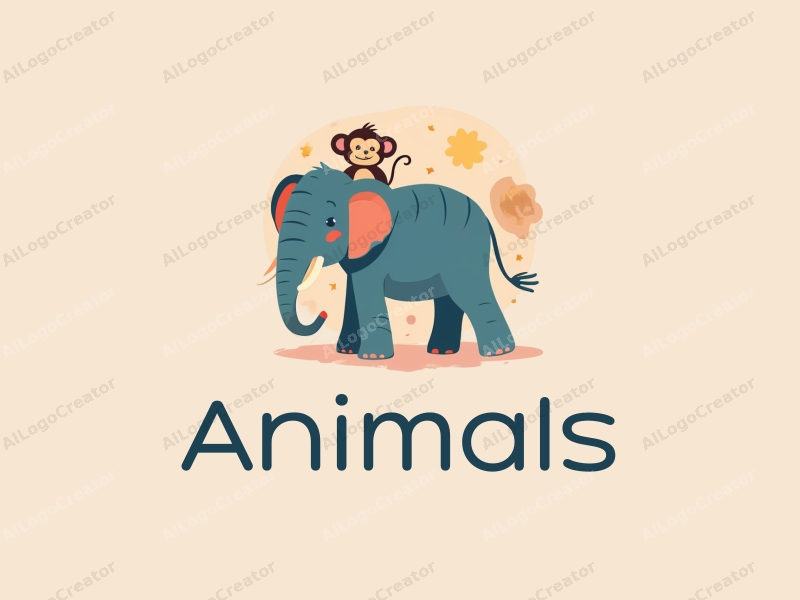 playful design features a colorful elephant and monkey, with a whimsical and fun approach combined with a clean background.