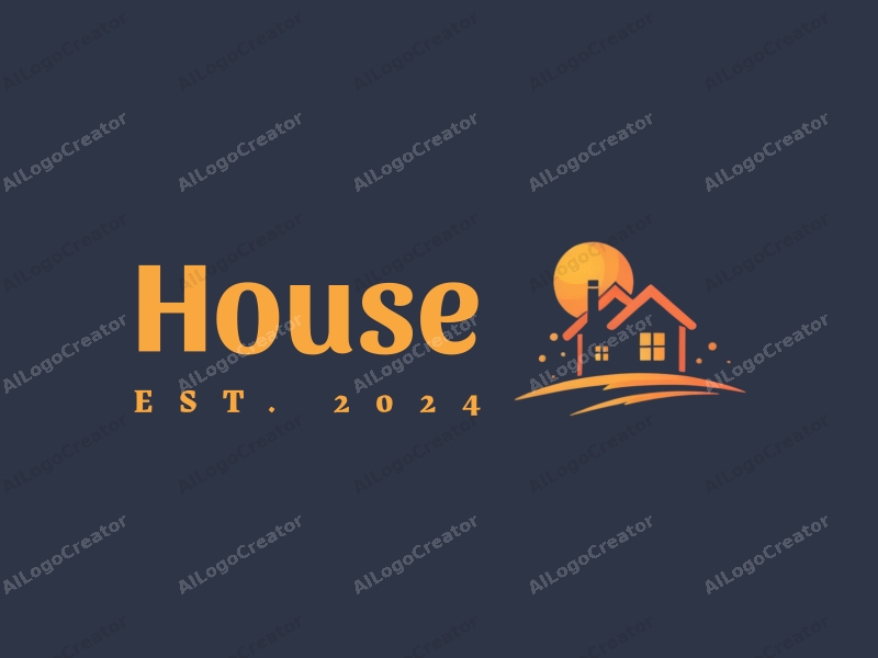 modern design features a stylized house and building silhouette with a sun element, combined with a clean background.