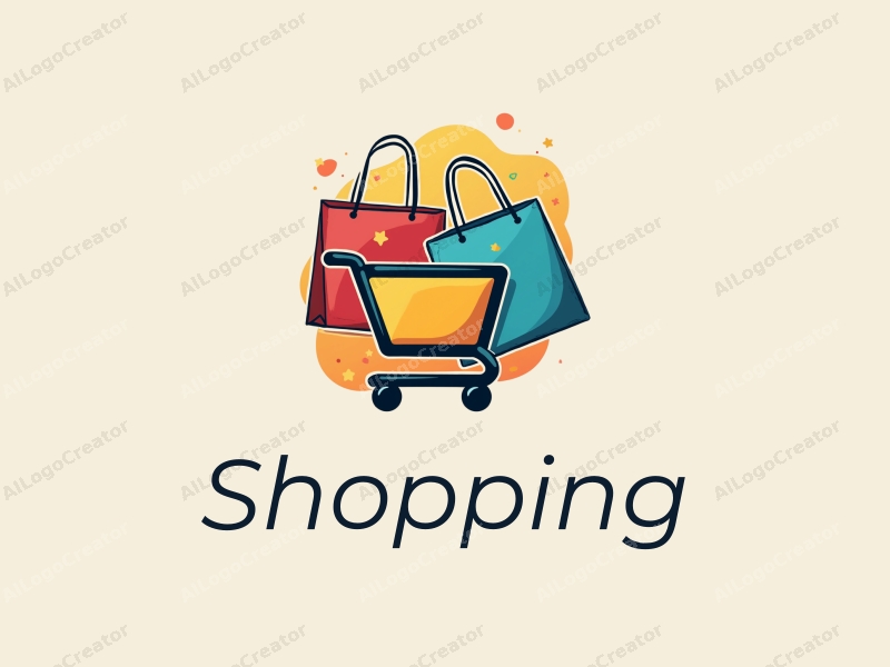 a modern design featuring a colorful shopping cart and shopping bag, combined with a vibrant mall background, emphasizing a clean and harmonious composition.