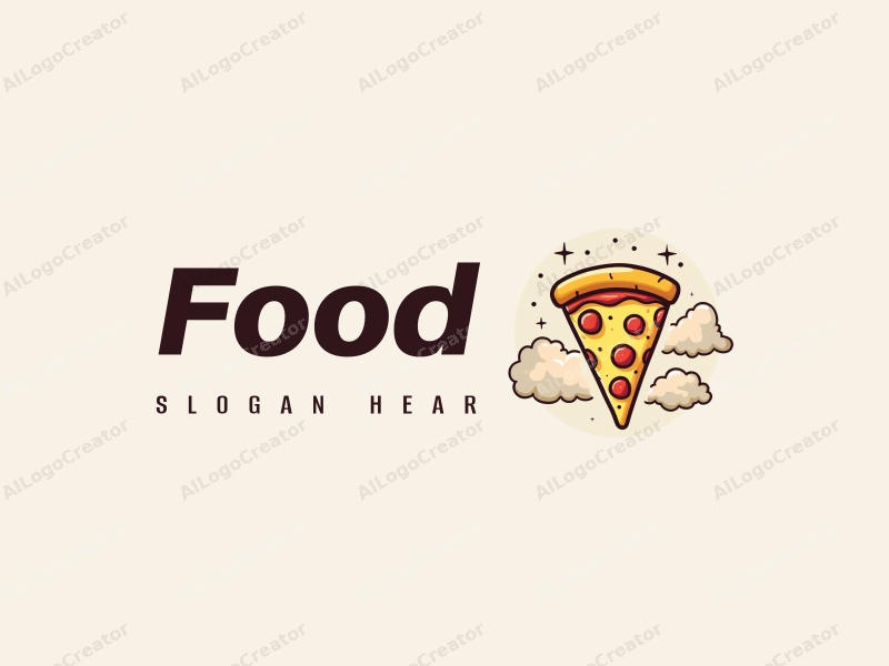 a modern design featuring a stylized pizza slice with vibrant toppings, surrounded by whimsical clouds, using a clean and harmonious composition.