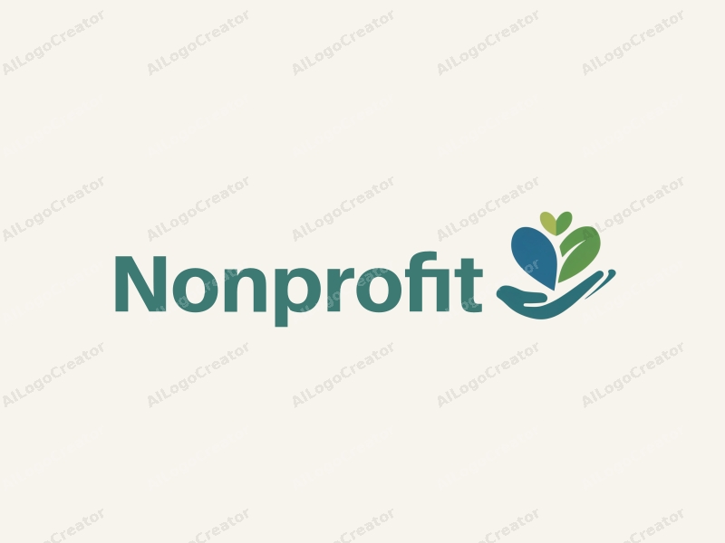 modern design features a heart shape integrated with a hand palm, symbolizing charity and volunteer work, using blue and green colors combined with a clean background.