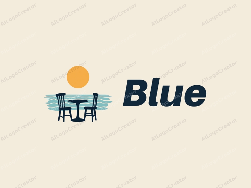 minimalist design features a stylized chair and table set against a backdrop of ocean waves and a clear sky, combined with a clean and simple composition.