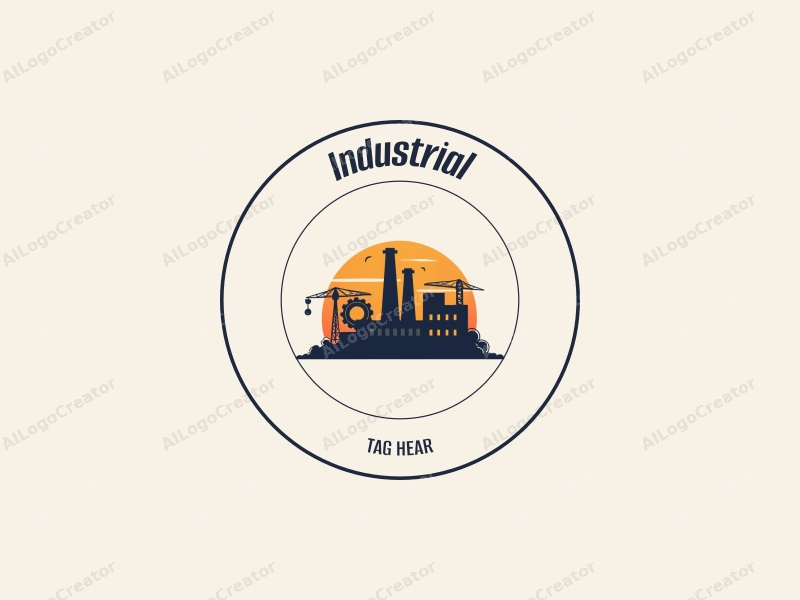 modern design features a stylized factory silhouette, interlocking gears, and a crane, combined with a clean background.