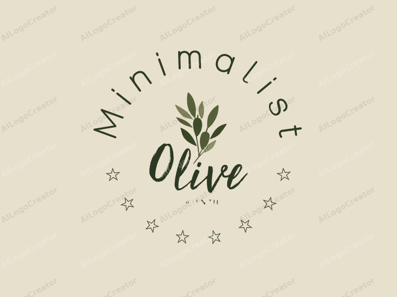 minimalist design features a stylized olive branch intertwined with elegant handwritten elements, utilizing a tag style approach combined with a clean background.