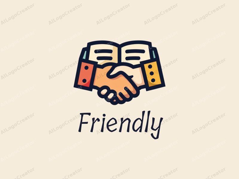 playful design features a stylized book and a handshake, combined with a clean background, emphasizing friendship and community in an educational and social context.