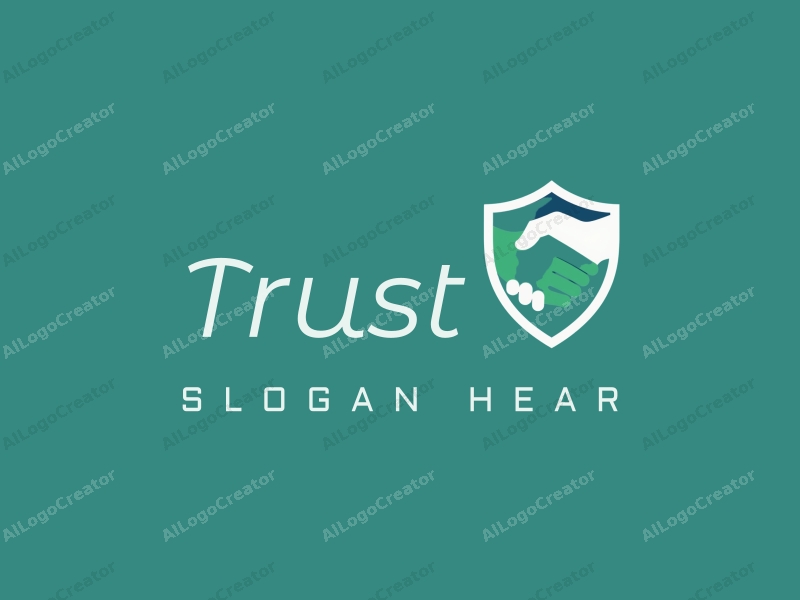 modern design features a stylized shield and handshake, symbolizing trust and safety, combined with a clean background in blue and green tones.