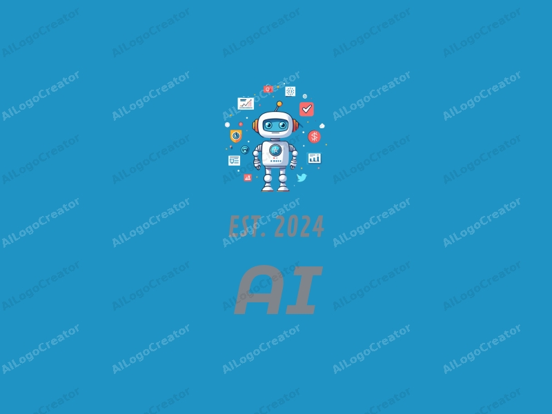 a modern design featuring stylized robots and data elements, incorporating intelligence and algorithms, combined with a clean blue background.