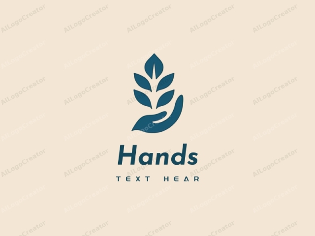 ein modernes minimalistisches Design, das eine stilisierte Hand zeigt, die ein kreatives Symbol hält, Elemente der Gesundheit integriert und auf einem sauberen Hintergrund in Hautton- und Blautönen.