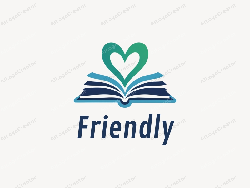 playful design features a heart shape intertwined with an open book, using blue and green colors, creating a friendly and inviting atmosphere with a clean background.