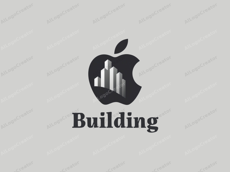 modern design features abstract architectural structures, a stylized apple, and a clean, minimalistic approach combined with a gray background.