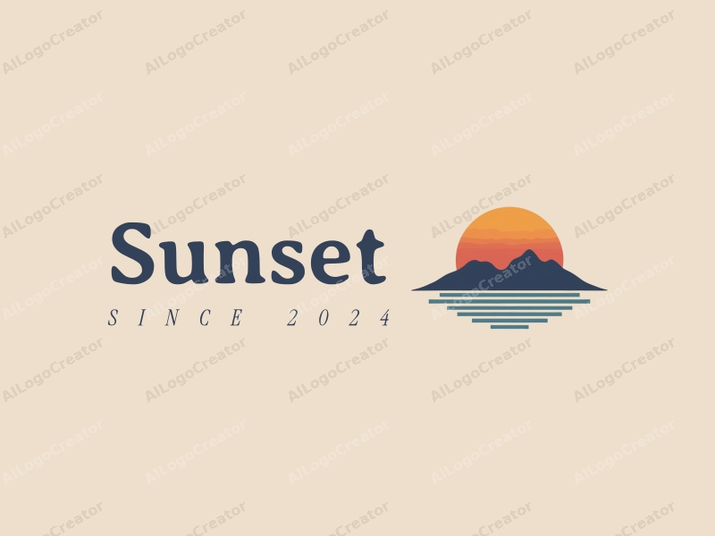 vintage design features a stylized sunset over mountains, with gentle waves in the foreground, using a harmonious blend of orange and purple colors against a clean background.