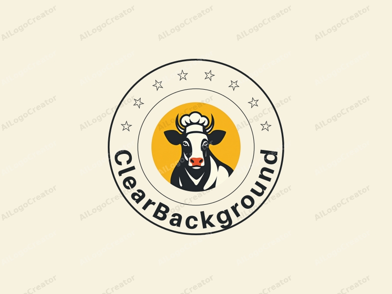 a modern minimalist design featuring a stylized cow and chef, incorporating a chef's hat and cow horns, combined with a clean background in transparent and yellow colors.