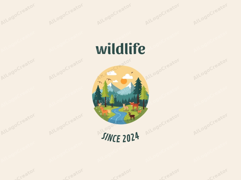 playful design features stylized wildlife, vibrant natural landscapes, and whimsical trees with small animals, combined with a clean background.