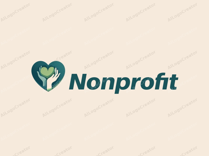 modern design features a stylized heart and hand symbolizing charity and volunteer work, combined with a clean background in blue and green tones.