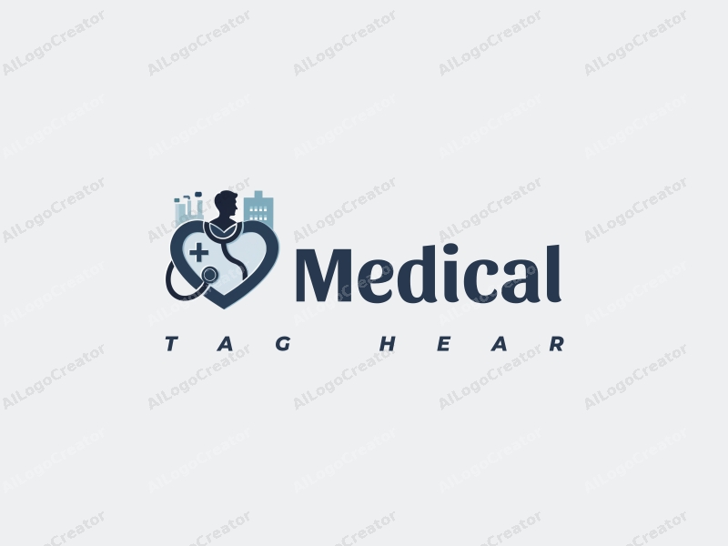 modern design features a stylized hospital silhouette, a doctor figure, a stethoscope intertwined with a heart, combined with a clean background.