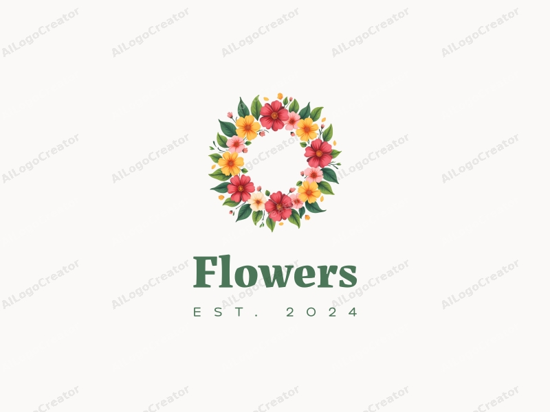 playful design features vibrant flowers and petals arranged in a circular wreath, surrounded by lush green leaves, creating a cheerful and inviting atmosphere with a clean background.