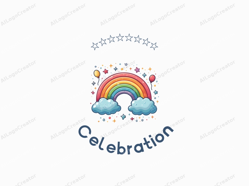 playful design features vibrant rainbow colors, sparkling crystal elements, and celebration symbols combined with a clean background.