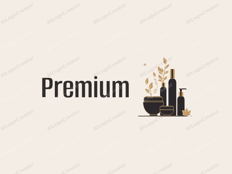 a minimalist design featuring elegant curves, a stylized representation of luxury food and beauty products, combined with a sophisticated gold and black color palette, set against a clean background.