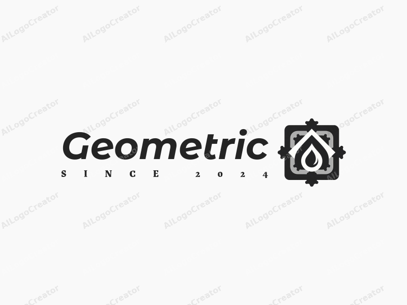 geometric design features a harmonious combination of squares and circles, incorporating oil drop and gear elements, with a clean black and white color scheme.