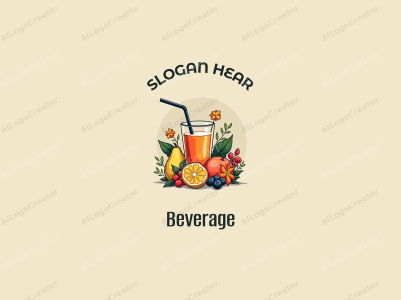 a modern design featuring vibrant beverage elements, stylized flowers, and fruits, combined with a clean background and a harmonious composition.