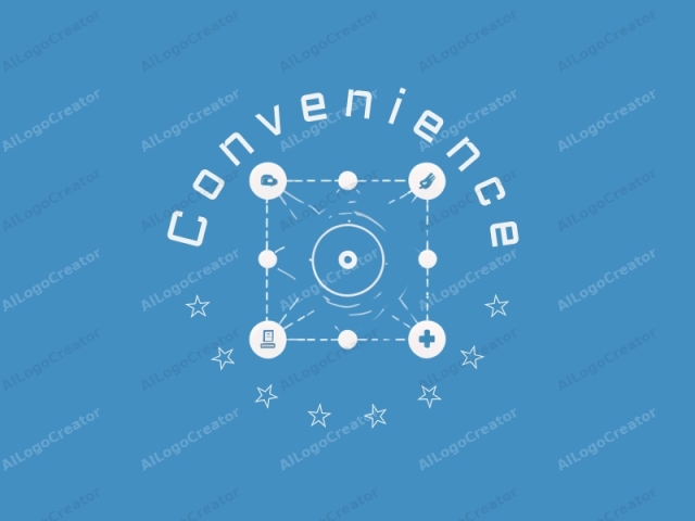 a modern design featuring interconnected lines symbolizing communication and connection, with practical elements like simplified icons representing convenience, all set against a clean blue background.