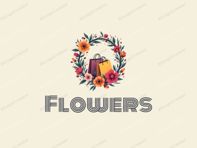 playful design features vibrant flowers and petals intertwined with shopping bags and a flower wreath, combined with a clean background.