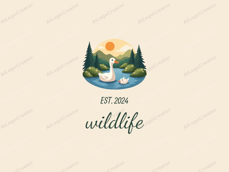 playful design features stylized water birds in a serene lake setting, surrounded by lush natural landscapes, using a harmonious blend of natural color tones for a clean and inviting background.