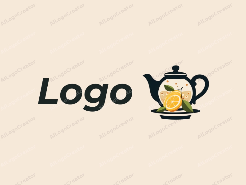 a modern design featuring a stylized teapot and a lemon, utilizing a minimalist approach with clean lines and a harmonious composition on a simple background.