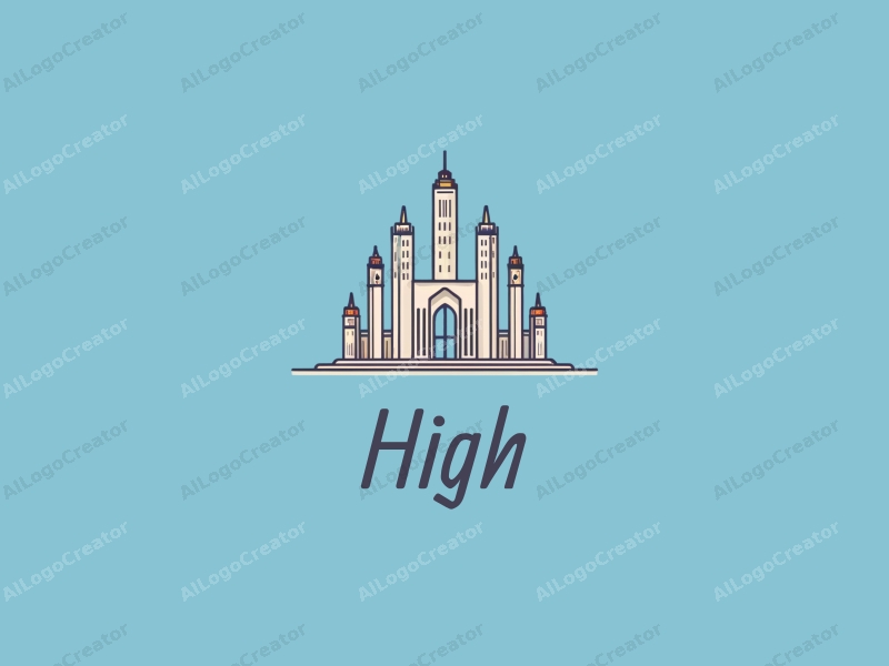 a modern design featuring tall and majestic towers and arches, combined with a clean blue background and a minimalist approach.