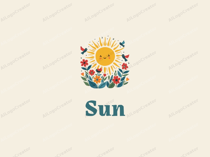 playful design features a bright sun radiating light, accompanied by whimsical birds and colorful flowers, all set against a clean background.