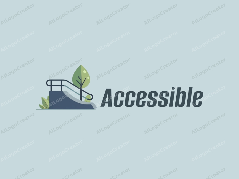 modern design features accessibility elements like a skateboard ramp and handrails, combined with a clean background in blue and green tones, emphasizing inclusivity and urban planning.